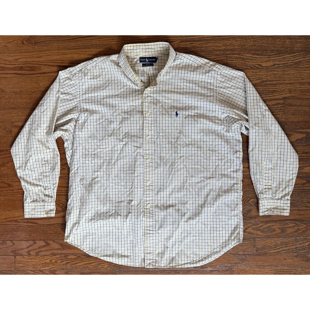Vintage Ralph Lauren Button Down Shirt Mens XL White Yellow Check Blake Two Ply